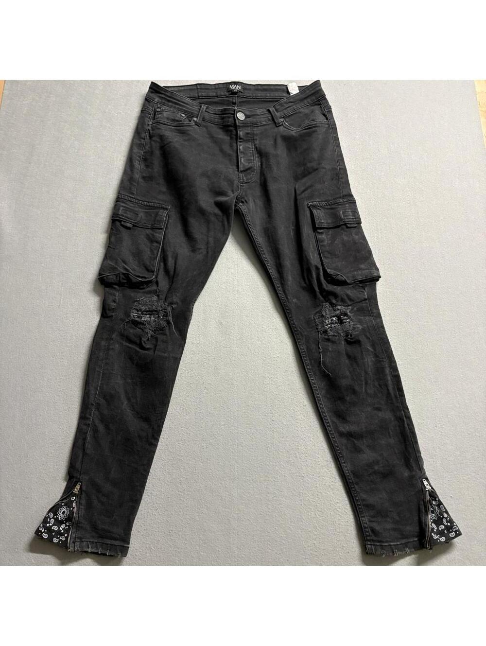 BoohooMAN Cargo Jeans Mens 34 Black Distressed Skinny Ankle Zip Paisley Insert